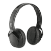 A pair of black Skullcandy Riff Wireless headphones with a sleek design and a branding logo visible.