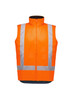 A bright orange reversible vest with reflective stripes and a high collar. It features a logo on the front.