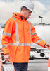 A heavy-duty waterproof jacket in bright orange with reflective stripes, worn by a person wearing a safety helmet.