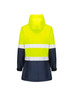 A women's hi-vis ultralite waterproof jacket in bright yellow and navy, featuring reflective stripes and a hood.