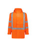 A waterproof jacket in bright orange with reflective stripes, featuring a hood and two front pockets.