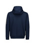A navy unisex zip-front hoodie featuring a hood and a multi-pocket design, including a pocket on the sleeve.