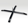 A black metal base with a cross design, designed to support a feather flag kit. Features a central joint for attachment.