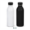 A drink bottle featuring a sleek design in matte black and glossy white, with a metal screw-on lid and a logo.