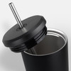 A drink bottle with a sleek black exterior, featuring a stainless steel straw and a fitted lid.