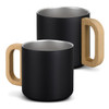 A drink bottle set featuring two black vacuum mugs with wooden handles and a metallic interior.