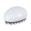 A white hair detangler with black bristles, shaped like a smooth, curved pebble. It has a logo on the surface.