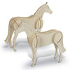 Two wooden model horses in a natural finish, featuring intricate detailing and a layered design.