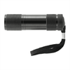 A sleek black LED flashlight with a textured grip and a wrist strap. It features a compact, cylindrical design.