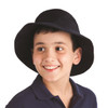 A black Poly Viscose bucket hat worn by a smiling boy, featuring a logo on the side.