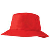 A red Poly Viscose bucket hat with a wide brim and a logo. Suitable for headwear.