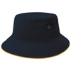 A bucket hat featuring a navy blue exterior with a contrasting yellow trim, complete with a logo.