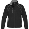 A women's black softshell jacket with grey accents and zippers, featuring a logo on the chest.