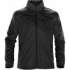 A black jacket featuring a zip front, a collar, and pockets, with a logo on the left side.