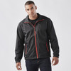 A black men's jacket with red accents, featuring a zippered front and side pockets. It has a logo on the sleeve.