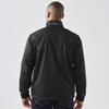 A black jacket with a high collar and branding on the back, featuring a simple and sleek design.
