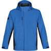 A blue and black men's jacket featuring a hood and front zip, with a logo on one sleeve.