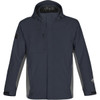 A dark grey men's jacket with a hood, featuring contrasting lighter grey panels and a logo on the sleeve.