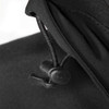 A close-up of the adjustable neck cinch on a black men's jacket, featuring a toggle and drawstring for a snug fit.