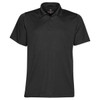 A black polo shirt featuring a classic collar and three buttons, with a logo on the neck.