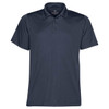 A dark navy polo shirt with a standard collar and three buttons, featuring a logo.