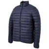 A navy blue puffer jacket with a zip front and a stand-up collar. It has a branding logo on the chest.