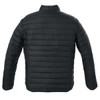 A black puffer jacket with a quilted design and a high collar, featuring a logo on the back.