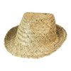 A straw fedora hat in a light natural colour, featuring a woven design and an internal logo.