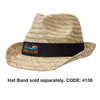 A straw fedora hat featuring a black band and a colourful logo, designed for warm weather.