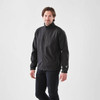 A man wearing a black Men's Cirrus Bonded Jacket, featuring a zip front and side pockets, with a logo on the sleeve.