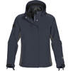 A women's 3-in-1 jacket in dark grey with a hood, features a logo on the sleeve and multiple zip pockets.