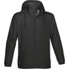 A black rain jacket with a hood, featuring zippered pockets and an interior lining. It has a branding logo.
