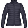 A women's jacket in navy blue, featuring a zip front and a fitted design with a quilted texture. It has a logo.