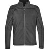 A grey polar fleece jacket featuring a zip front, high collar, and side pockets, with contrasting stitching and a logo.