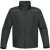A dark green rain jacket featuring a zippered front, side pockets, and reflective detailing. It has a stand-up collar and a logo.