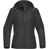 A black rain jacket featuring a hood and zippered pockets, designed for women. It has reflective detailing and a logo.