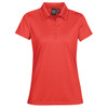 A red women's polo shirt featuring a collar and button placket, designed for casual wear. It has a logo on the label.