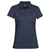 A navy women's polo shirt featuring a collar, short sleeves, and a button placket. It has a logo on the chest.