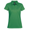 A green women's polo shirt with a collar and button placket. It features a logo on the chest.