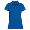 A women's polo shirt in bright blue with a classic collar and a logo. Short sleeves and a tailored fit.