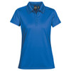 A women's polo shirt in a vibrant blue colour, featuring a collar and a branded tag.