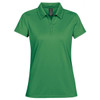 A green women's polo shirt featuring a collared neck and short sleeves, with a logo on the chest.