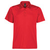 A red men's polo shirt with a collar and short sleeves, featuring a branding logo.