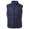 A navy puffer vest with a stand-up collar and zippered front, featuring a branding logo.