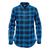 A blue plaid women's button-up shirt featuring a snap front, long sleeves, and two chest pockets.