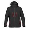 A black softshell jacket with red zippers and a hood, featuring a logo on the sleeve.