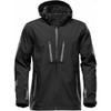 A black softshell jacket with a hood and multiple zippered pockets, featuring a logo on one sleeve.