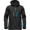 A black softshell jacket with blue zippered pockets and a hood, featuring a logo on one sleeve.