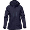 A women's softshell jacket in navy blue with a hood and zippered pockets, featuring a logo on the sleeve.