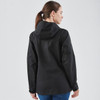 A black women's softshell jacket with a hood, featuring a logo, displayed from the back.